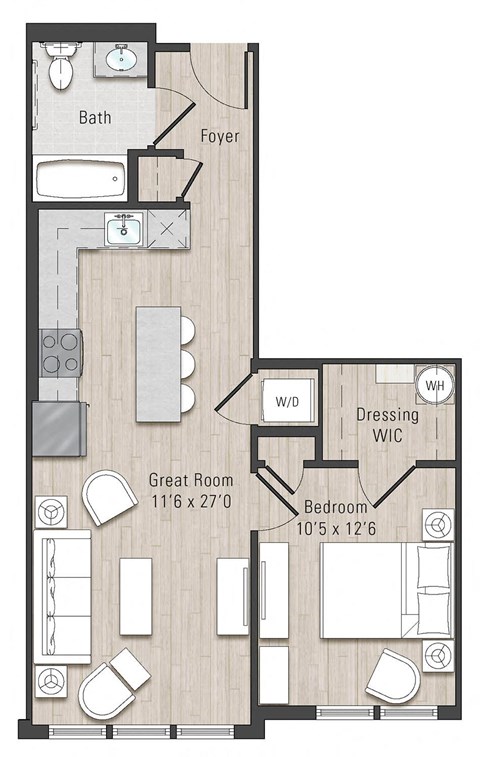 Floor plan for 1 bed, 1 bath, 640 sqft